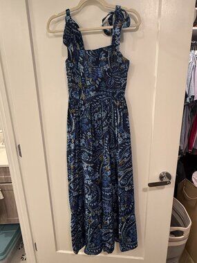 Rachel Zoe Navy Floral Maxi Dress Tie Shoulder Smocked Boho Tiered Sundress (Siz